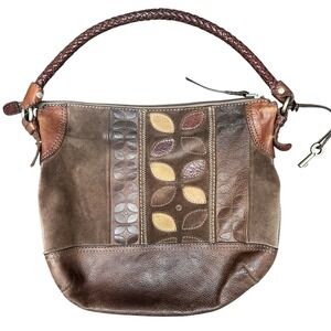 Fossil Women's Brown Suede Leather Solid Boho Hobo Shoulder Handbags Purse